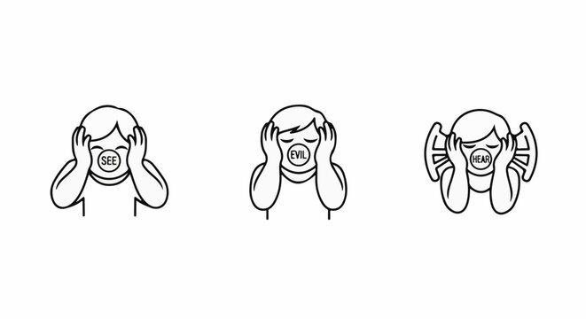 Three cartoon figures with hands covering ears, eyes, and mouths, depicting inaction