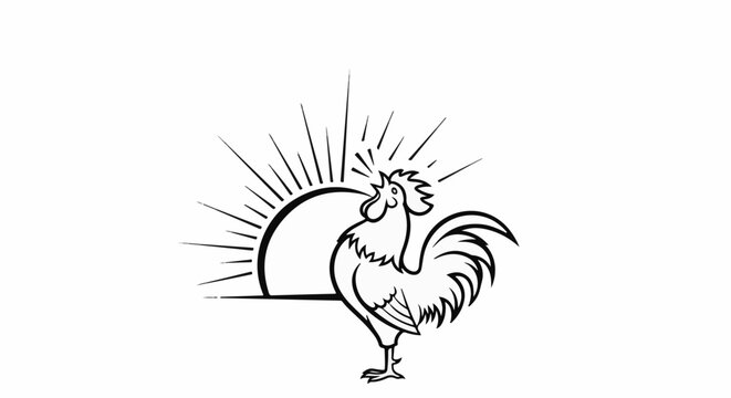 Stylized rooster crowing at a rising sun with radiating lines