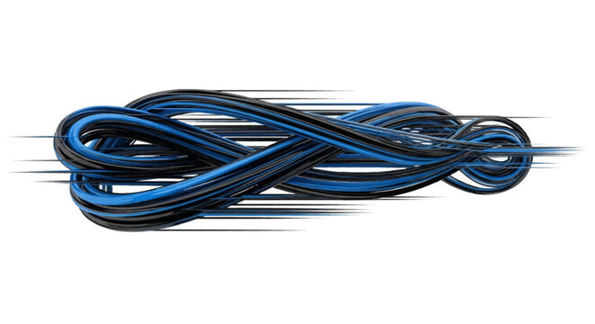 Abstract illustration of interwoven blue and black lines with motion effect on white background