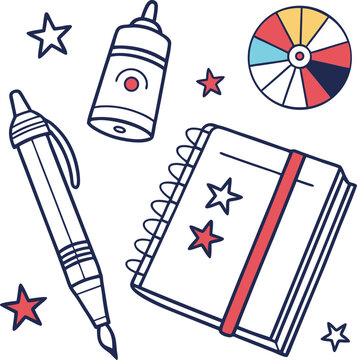 Colorful stationery set, creative writing tools, notebook and pen, artistic supplies, colorful icons