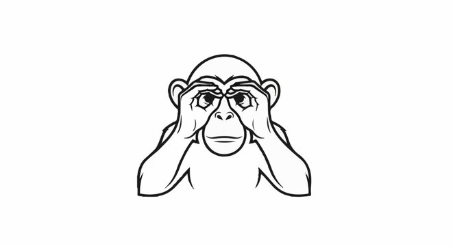 A black and white drawing of a monkey looking through its hands as if using binoculars