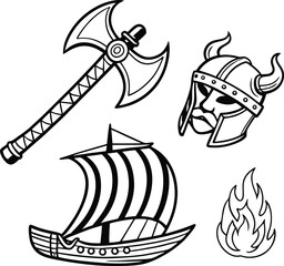 Viking icons, Nordic symbols, ancient battle axe, horned helmet, sailing ship, fire flame © hgkrufdssf