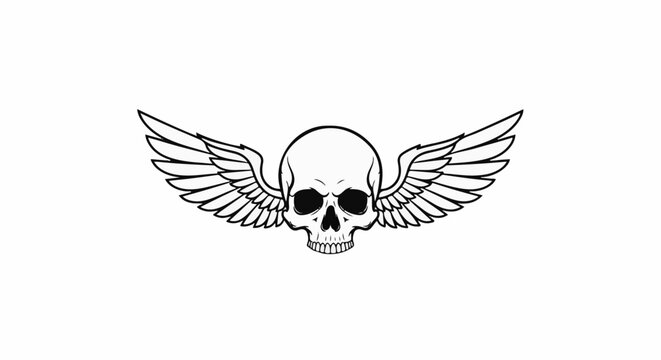 A black and white outline drawing of a skull with spread wings