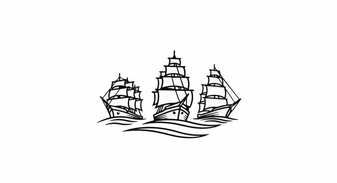 Three detailed black and white ink sketches of sailing ships at sea