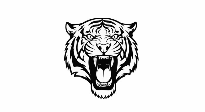 A fierce black and white tiger head illustration with an open mouth and sharp teeth