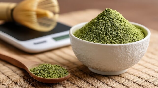 Matcha Powder Close-Up Shot with Wooden Spoon and Bamboo Whisk on a Natural Mat in a Kitchen Setting