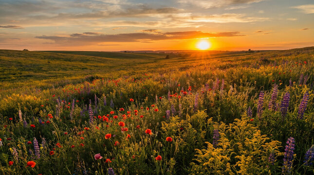 Summer Solstice Golden Sunset Landscape View. Breathtaking golden hour sunset over rolling meadow hills with wildflowers in warm light