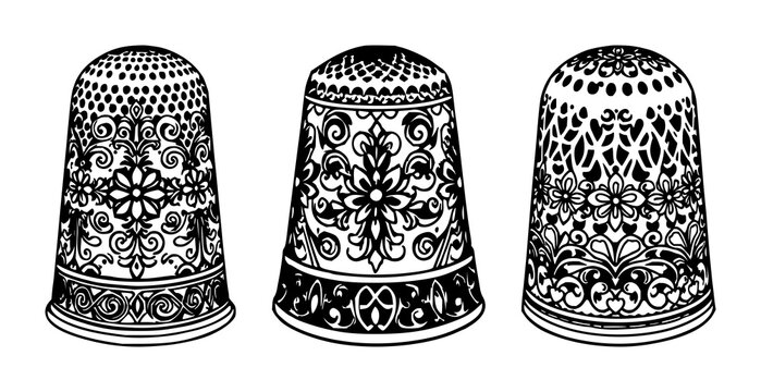 Black line art, white background: ornate silver thimble set with simple line art design featuring sketches, drawings, vector graphics with minimalist and simple illustrations
