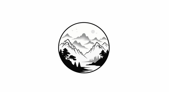 Circular minimalist black and white mountain landscape with trees and water