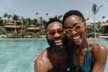 Obraz premium Black couple smiling and embracing in resort swimming pool
