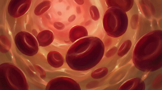 Abstract Blood Donation Red Cells Flowing. Artistic visualization of red blood cells floating in plasma with soft red lighting effect