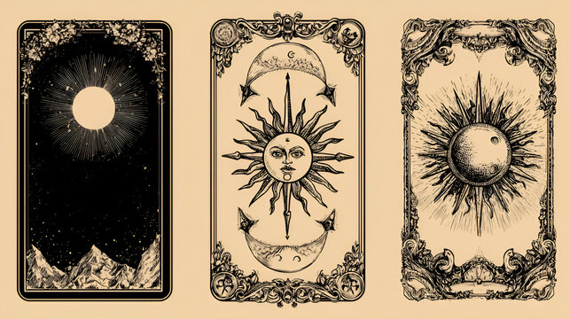 Tarot card frame set, hand drawn doodle fantasy border, mystic vintage decoration ornate graphic. Medieval divination print design, esoteric star, sun, moon illustration. Tarot card spiritual game 