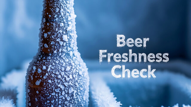 A refreshing beer bottle covered in frost undergoes a freshness check on a cold surface in a lively atmosphere with ice and droplets.