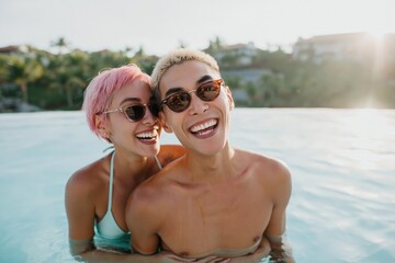 Fototapeta premium Two young adults laughing and embracing in resort pool