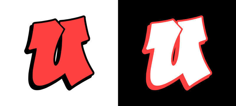 Bold letter U featuring a heavy wild style graffiti design with interlocking shapes and a deep block shadow. This urban hand style character captures the gritty energy of street art.