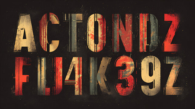 The Rusted display brush font with textured hand drawn alphabet and numbers for urban street style design Stock Vector
