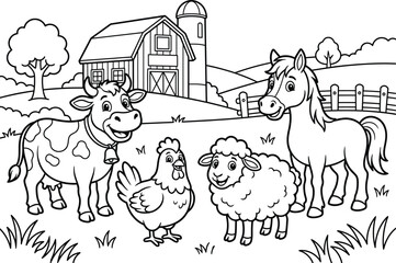 Naklejka premium Cute farm animals coloring page featuring a cow, horse, sheep, and chicken in front of a barn and silo under a tree.