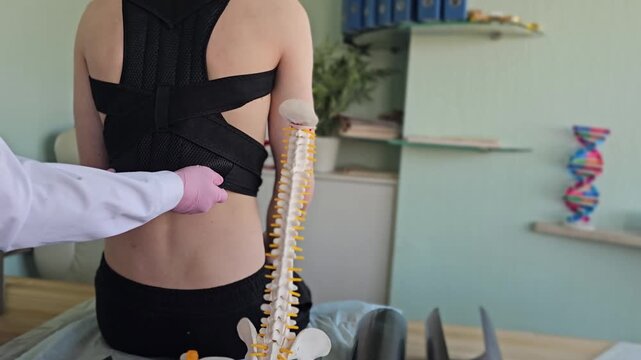 Chiropractor provides spine examination in a clinic with a patient receiving adjustments and therapy in the background
