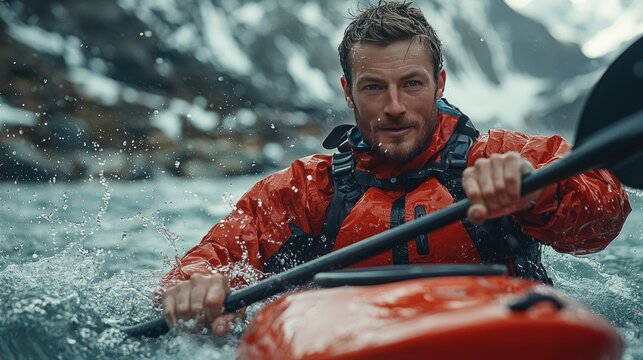 Intense CloseUp of a Determined Kayaker Navigating Rushing White Water Rapids.
