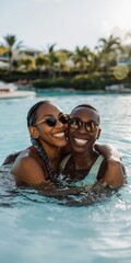 Obraz premium Two friends embracing and smiling together in resort pool