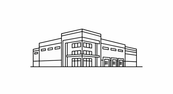 Stylized line drawing of a modern commercial building with multiple windows and doors