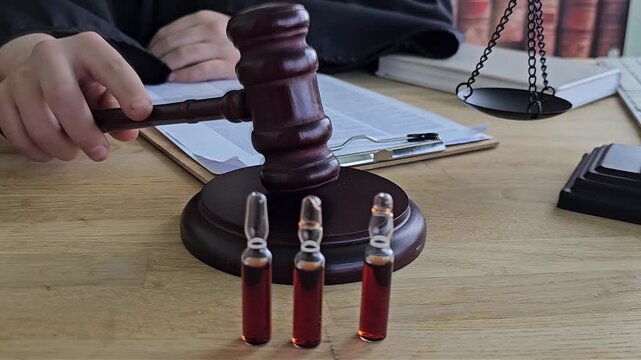 Court session with judge, gavel, and evidence in vials during trial process