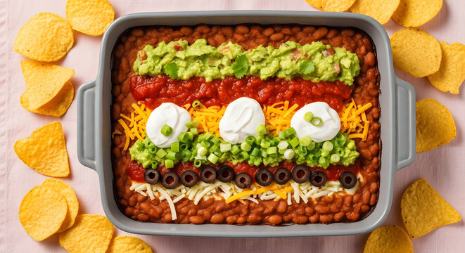 Layered mexican dip in a baking dish with tortilla chips