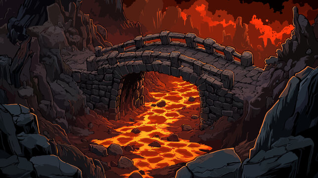 Pixelated artwork depicts a stone bridge over a river of lava, with a fiery sky background