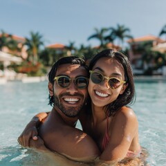 Fototapeta premium Couple embracing and laughing in sunny resort pool water