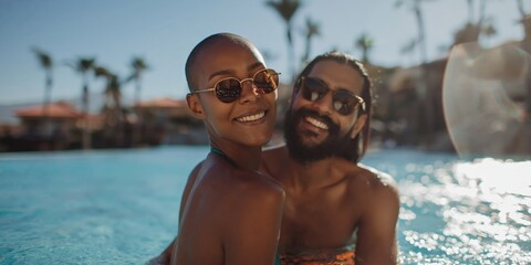 Obraz premium Couple smiling and embracing in resort swimming pool