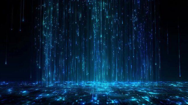 Mesmerizing digital data waterfall with glowing particles and circuit board floor in cyberspace (AI Generated)