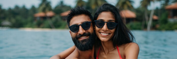 Obraz premium Couple posing and smiling in resort water with palms