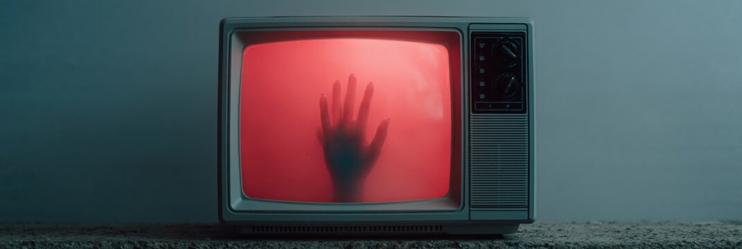 Television screen showing hand silhouette against red glow