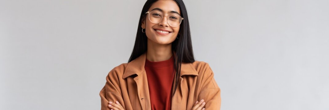 Young woman posing with crossed arms against plain backdrop