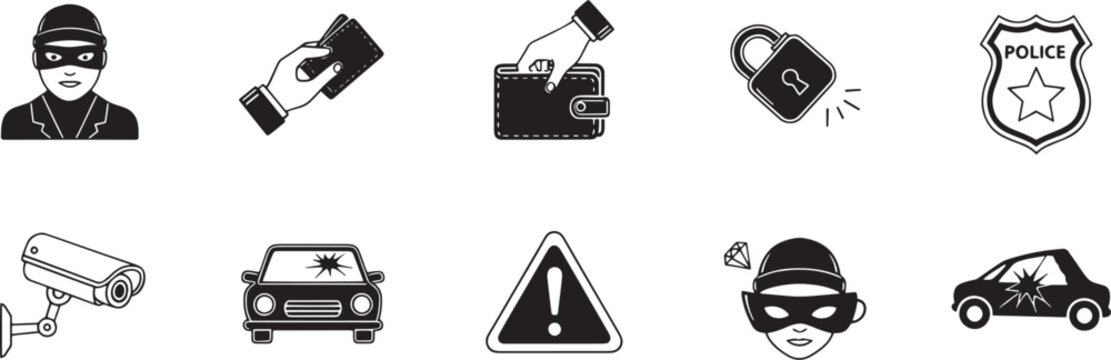 A black and white illustration depicts a masked robber attempting to steal a wallet and a phone from a person. Police icons and surveillance equipment are also shown.
