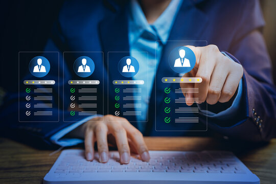 human resource management concept. Businessman choosing candidate profile with rating stars and checklist interface, recruitment evaluation process, talent acquisition quality.