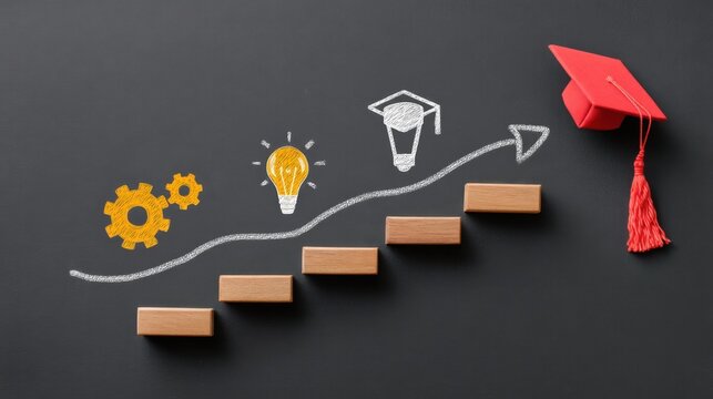 Creative Representation of Growth and Achievement with Chalk Drawings on Dark Background Featuring Graduation Cap and Light Bulb