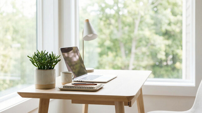Minimalist Home Office Desk Setup Clean. Modern organized workspace with laptop plant and stationery in bright natural lighting