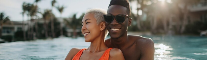 Obraz premium Pair smiling and relaxing in resort swimming pool at sunset