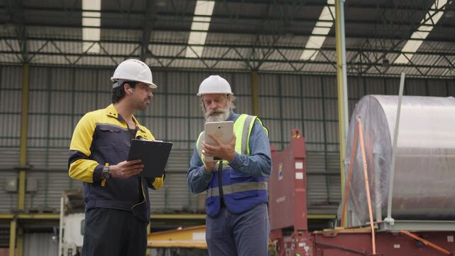 Two factory workers inspecting cargo data on a tablet in a warehouse, collaborating on logistics and supply chain management for industrial freight shipment.