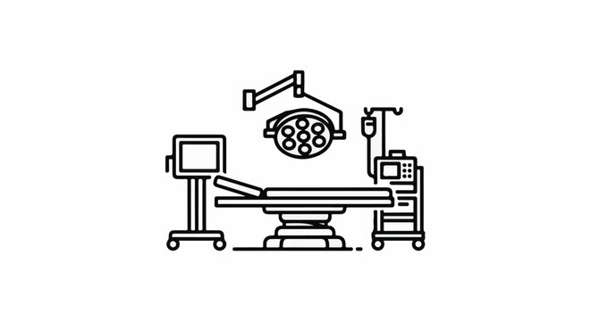Medical equipment illustration operating table, surgical lamp, monitor, and IV stand
