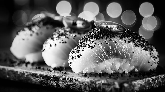 Gourmet truffle yellowtail sushi nigiri with jalapeno and bokeh
