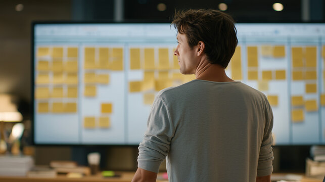 Remote UX team annotating digital whiteboard wireframes during distributed sprint planning session, sticky note clusters color-coded by sprint milestone, multiple time zone clocks visible on shared 