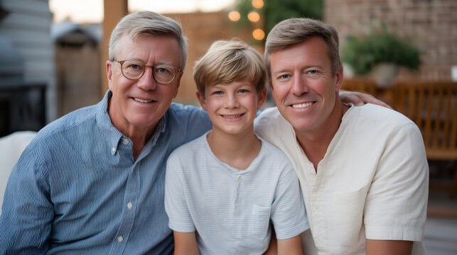 Fathers Day group portrait of three generations of men in family backyard, grandfather father and young son, intergenerational connection, outdoor celebration, summer gathering, family milestone cin