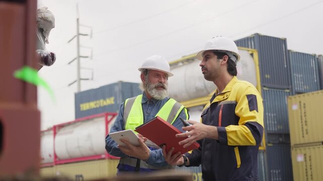 Two logistics engineers collaborate on shipping data using a tablet and radio while managing cargo inventory at an industrial freight terminal.
