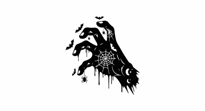 Silhouette of a black zombie hand with spiders and bats against a white background