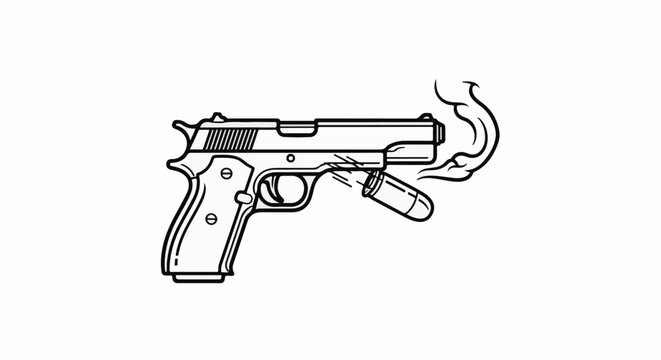 Black and white illustration of a handgun with a spent casing and smoke