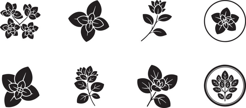 Nine black and white stylized floral icons are arranged in a 3x3 grid on a white background.