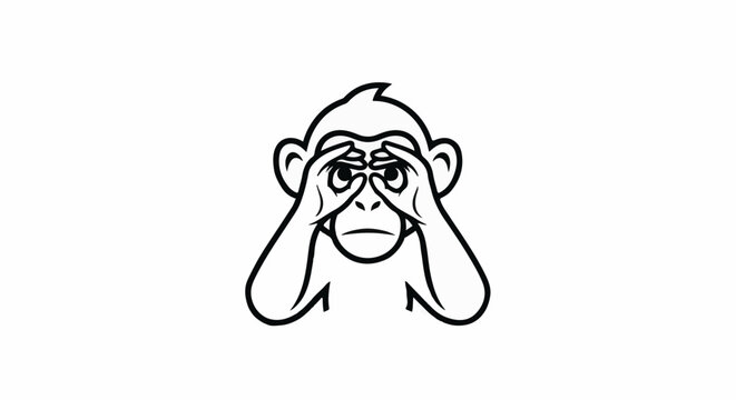 Cartoon ape peeking through fingers with worried expression
