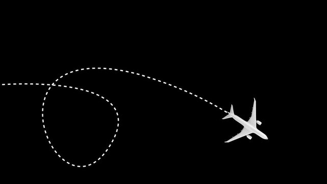 Airplane line path travel design. Airplane route. Travel and tourism concept, background with start point, airplane and dashed line trace on animation video